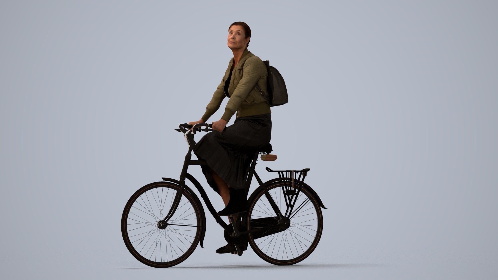 realistic 3D human woman casual cycling, archviz people FBX OBJ for Blender, three-quarter view render
