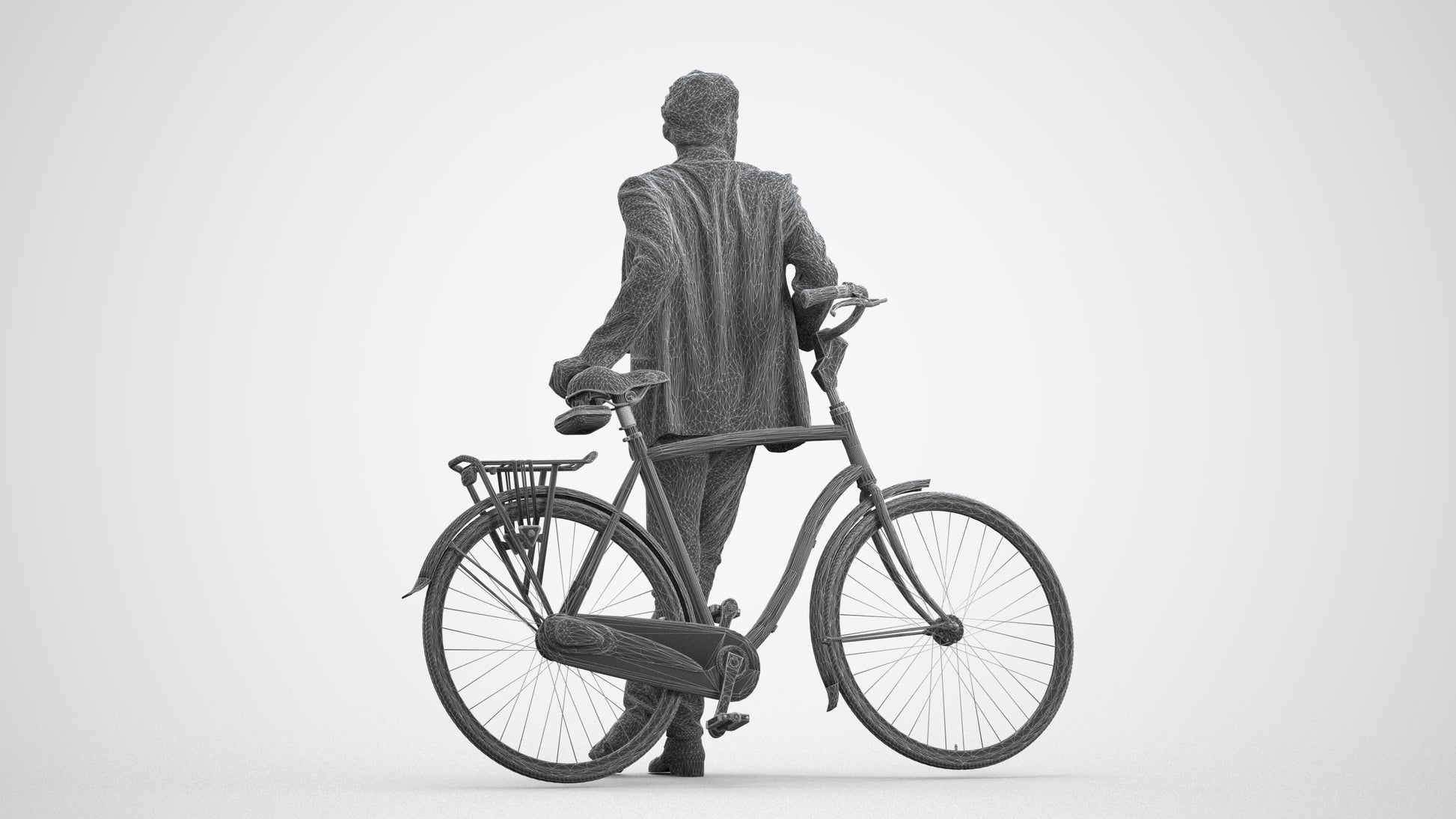3D human model man business cycling, photogrammetry scanned person for archviz, wireframe front view