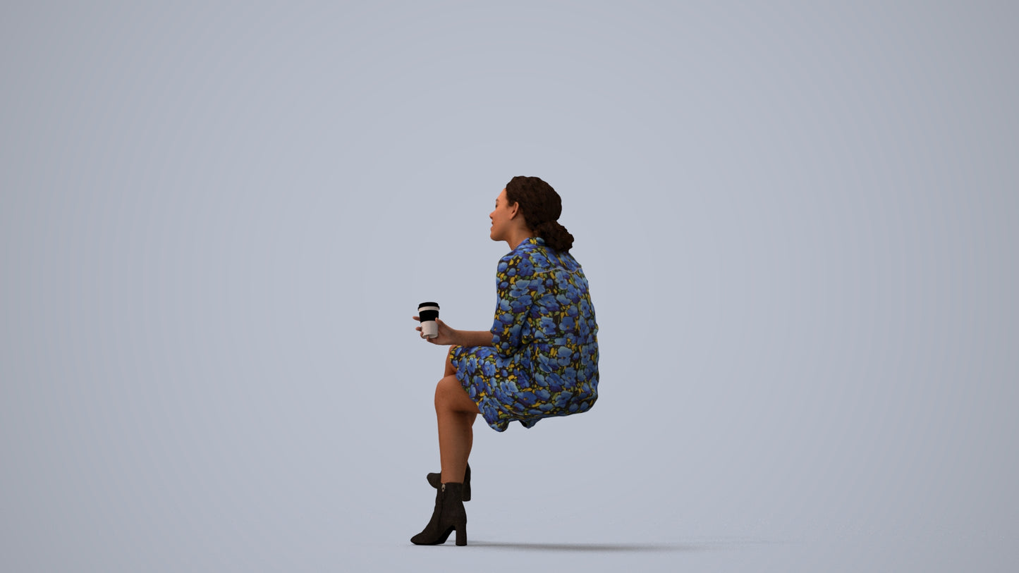 3D scanned woman sitting casual, photorealistic archviz people for Enscape and SketchUp, three-quarter view render