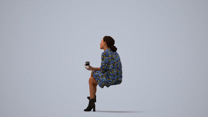 3D scanned woman sitting casual, photorealistic archviz people for Enscape and SketchUp, three-quarter view render