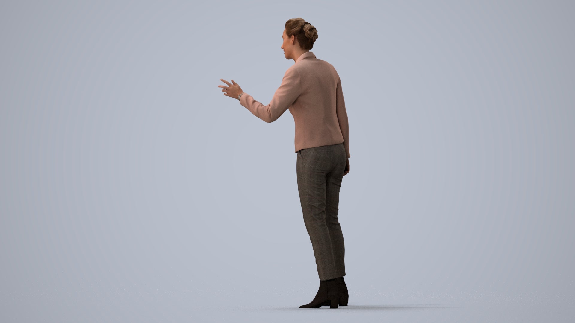 3D human model woman business, photogrammetry scanned person for archviz, three-quarter view render