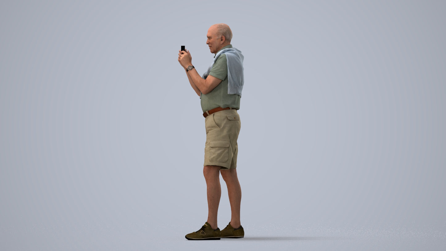 realistic 3D senior man casual standing, scanned archviz people for Blender and 3ds Max, three-quarter view render
