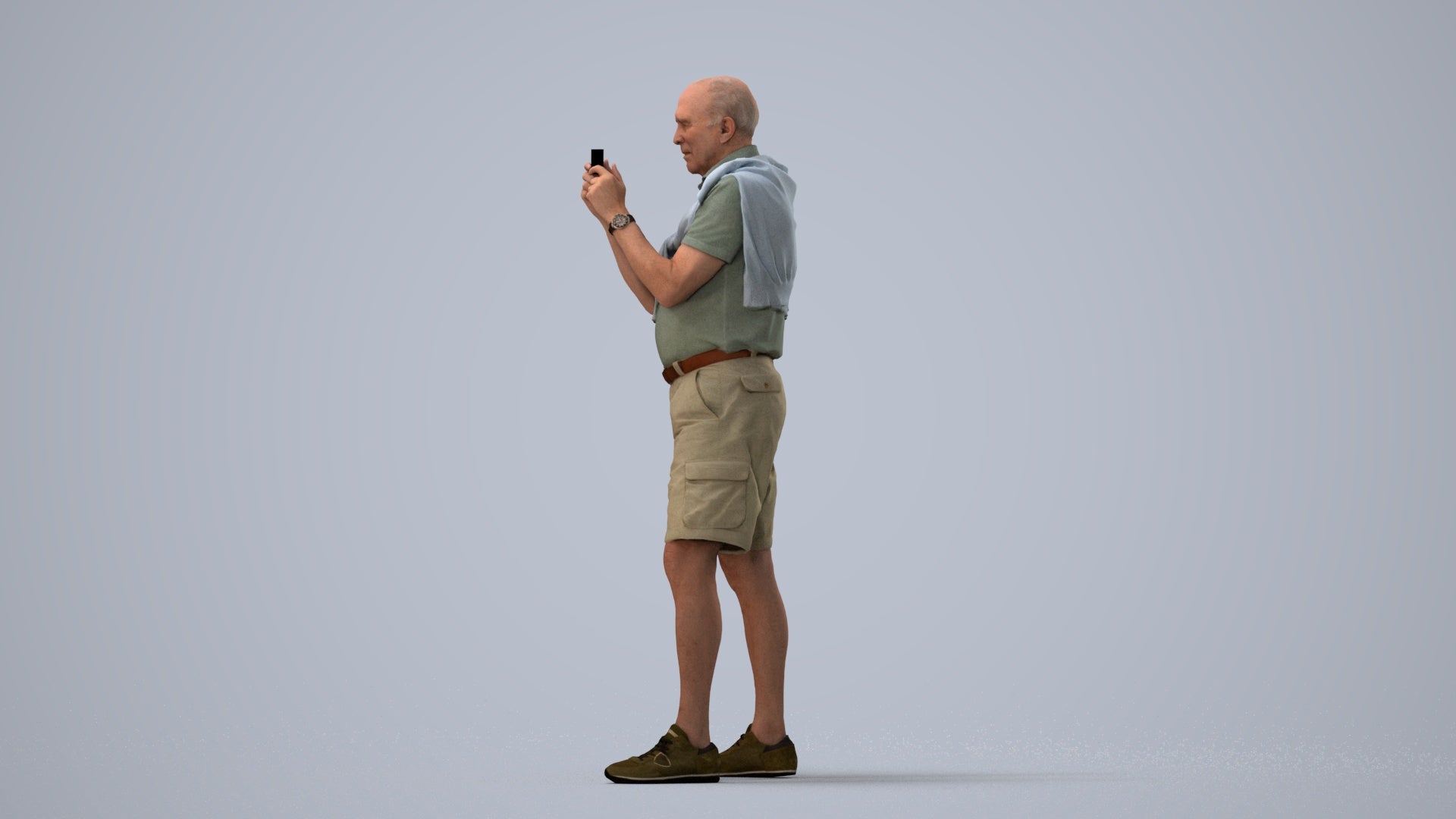 realistic 3D senior man casual standing, scanned archviz people for Blender and 3ds Max, three-quarter view render