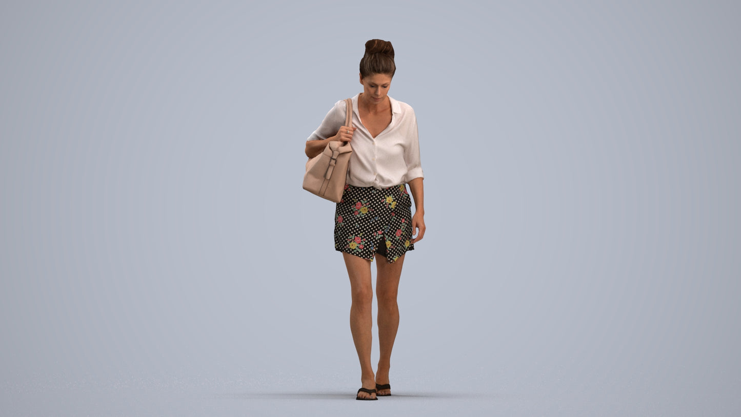 3D human model woman casual walking, photogrammetry scanned person for archviz, standing pose render