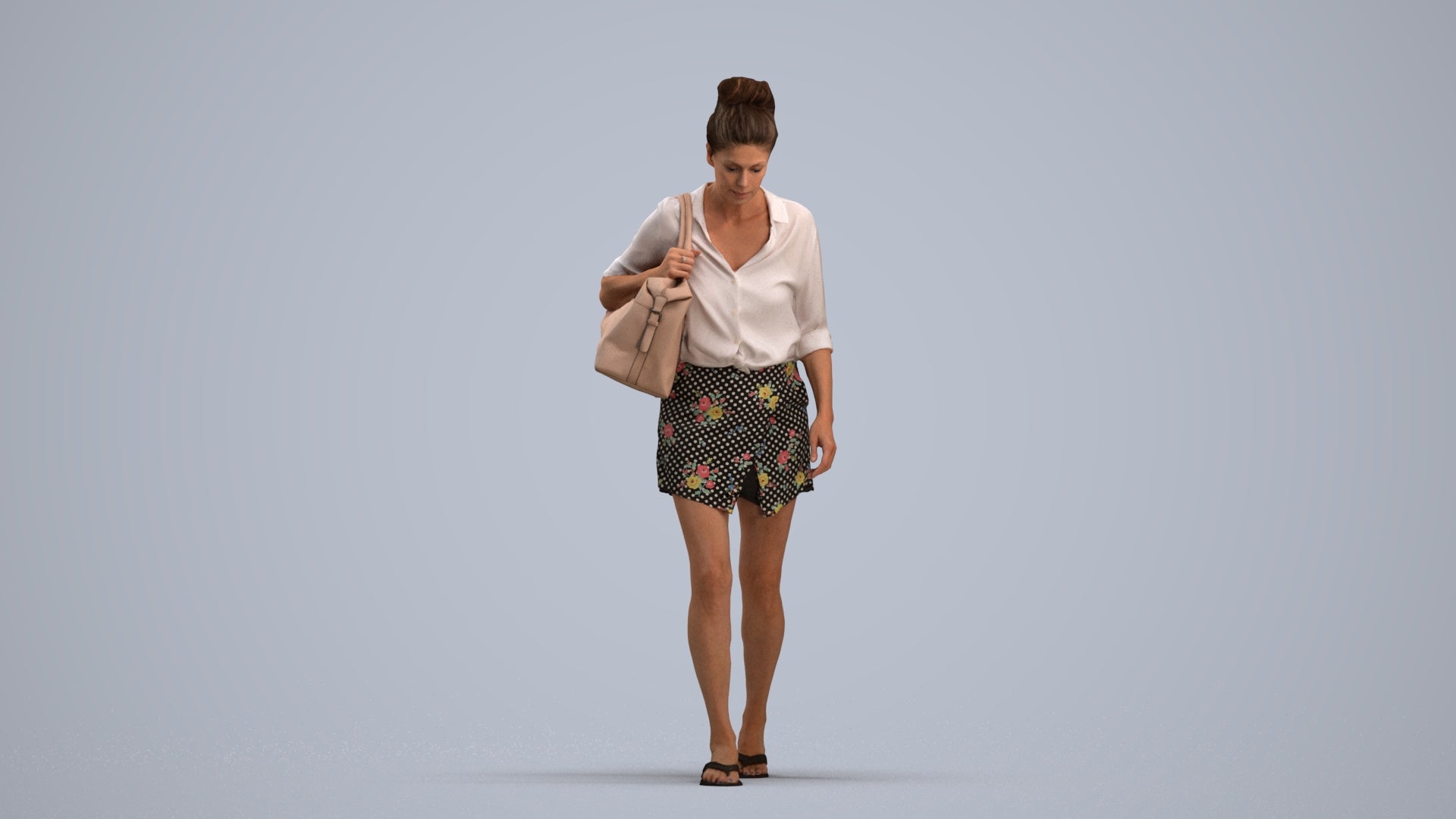 3D human model woman casual walking, photogrammetry scanned person for archviz, standing pose render