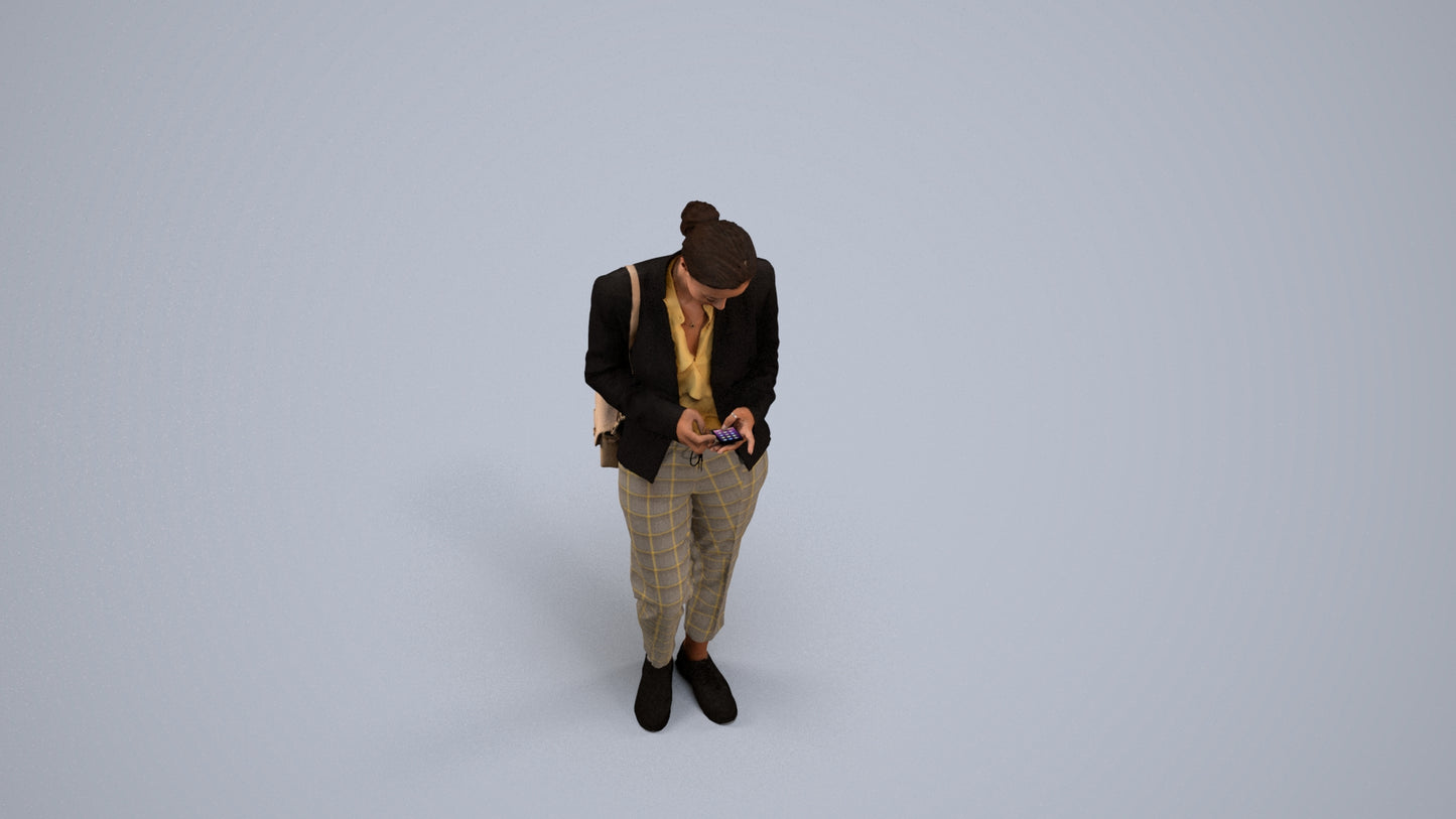 3D human model woman business standing, photogrammetry scanned person for archviz, back view render