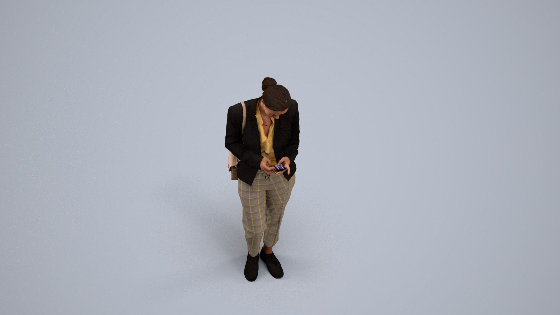 3D human model woman business standing, photogrammetry scanned person for archviz, back view render