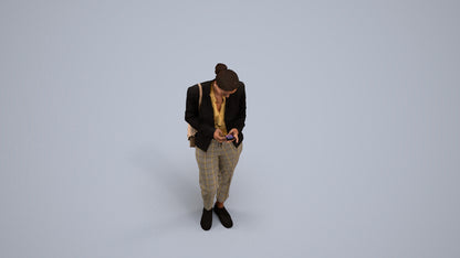 3D human model woman business standing, photogrammetry scanned person for archviz, back view render