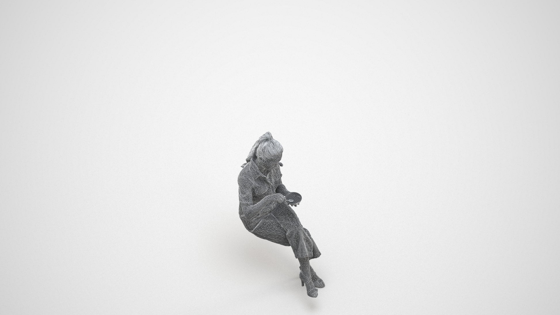 3D scanned woman sitting casual, photorealistic archviz people for Enscape and SketchUp, wireframe three-quarter view
