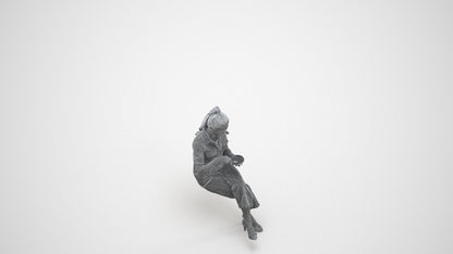 3D scanned woman sitting casual, photorealistic archviz people for Enscape and SketchUp, wireframe three-quarter view