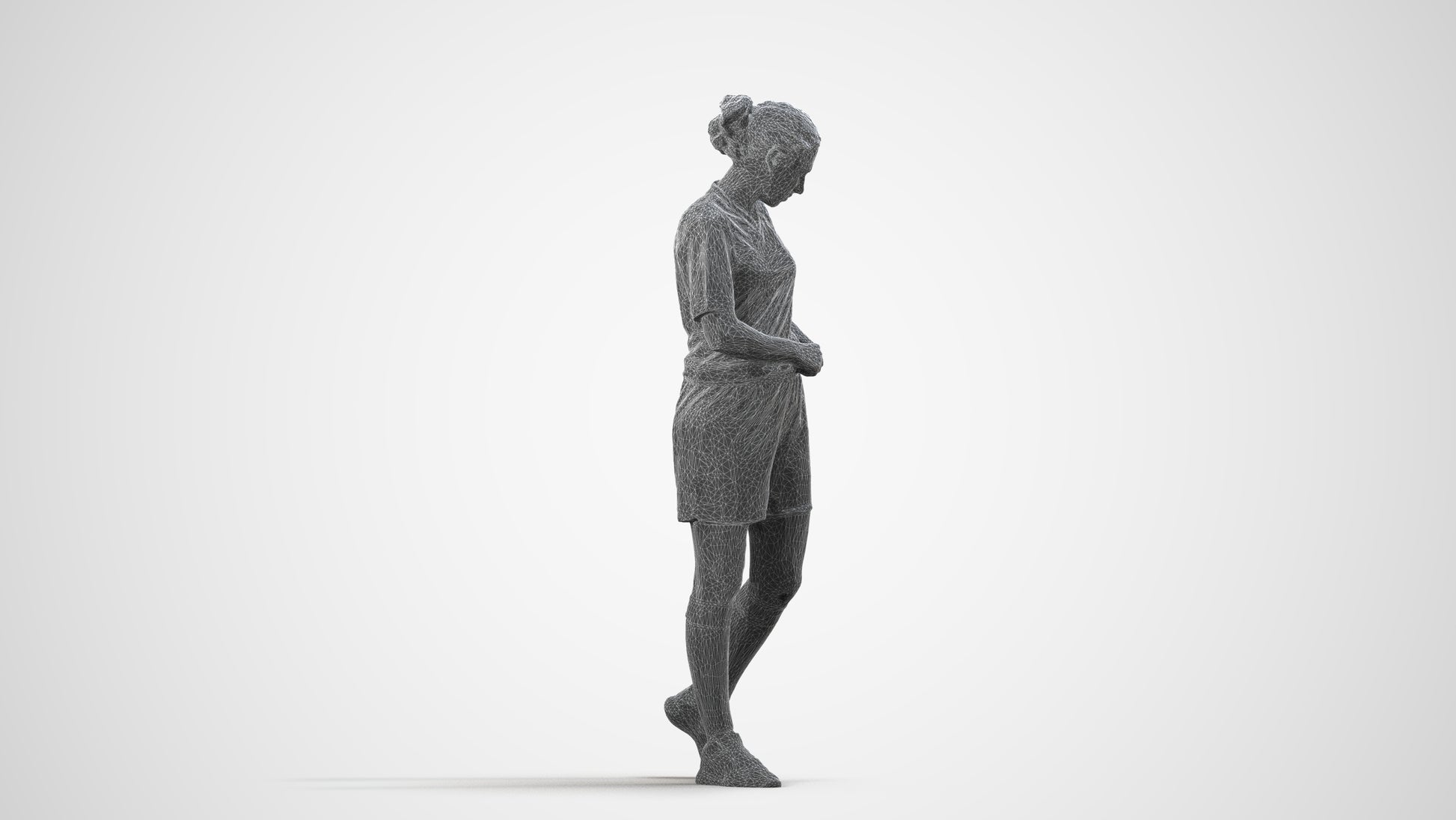 3D human model woman sport, photogrammetry scanned person for archviz, wireframe side view