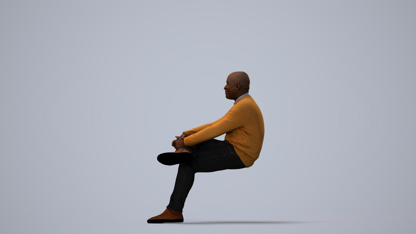 scanned 3D man casual sitting, photogrammetry people for Enscape and V-Ray, three-quarter view render