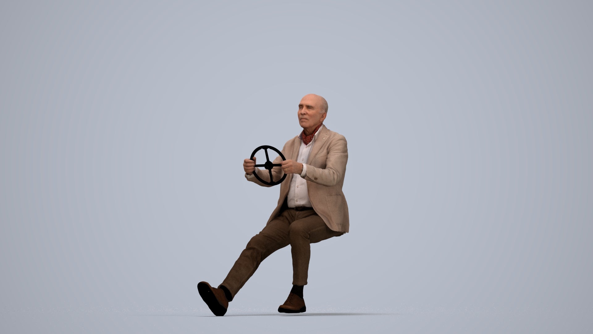 3D human model senior man business mix, photogrammetry scanned person for archviz, top-down view render