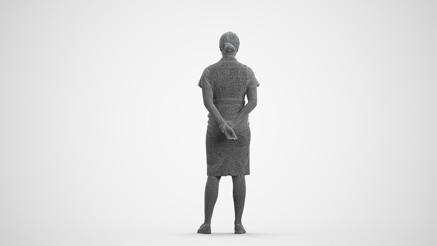 realistic 3D people woman hospitality, render-ready for V-Ray and Corona, FBX OBJ, wireframe front view