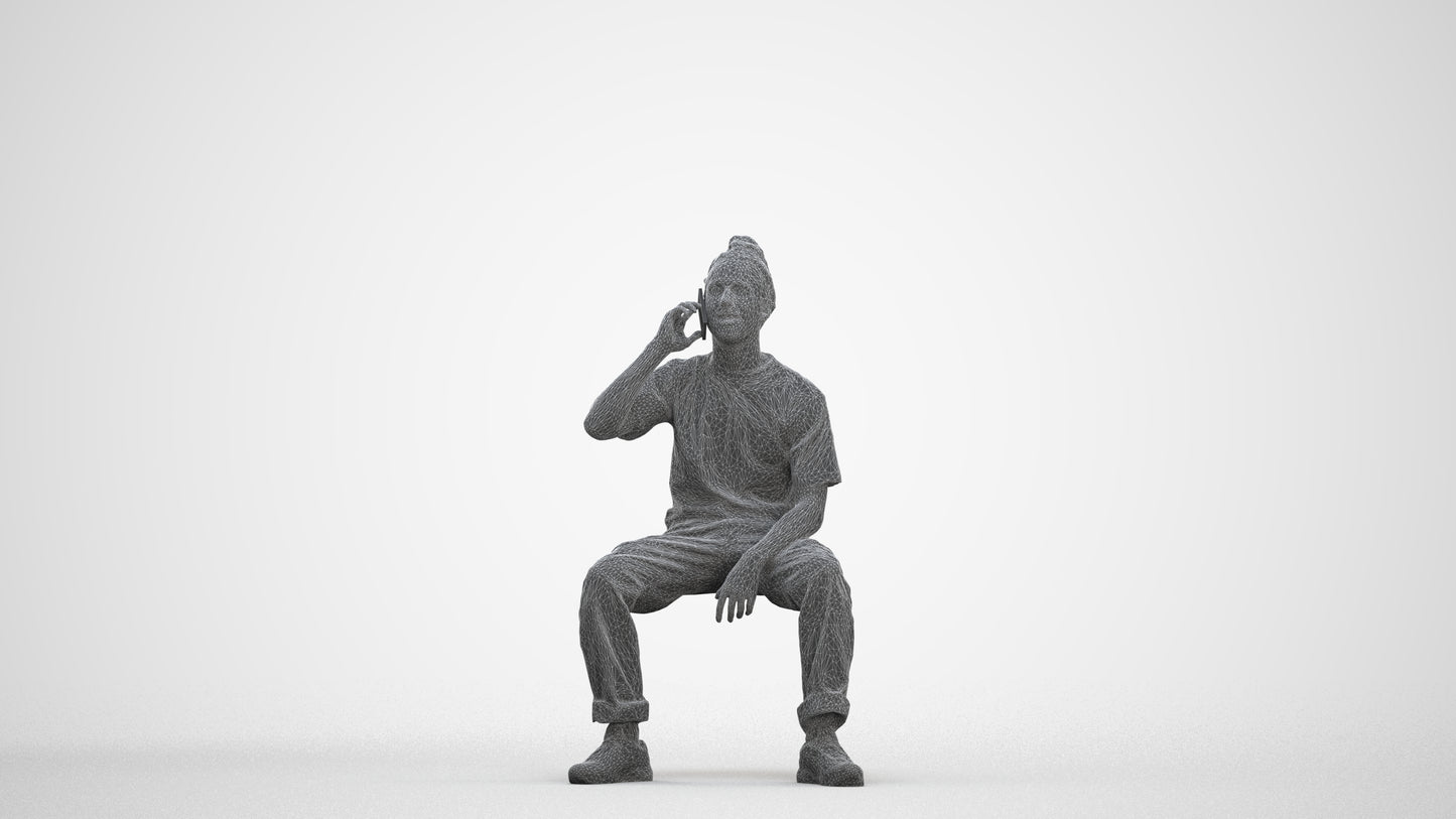 3D people model man casual sitting, scanned human for 3ds Max rendering, three-quarter front view render