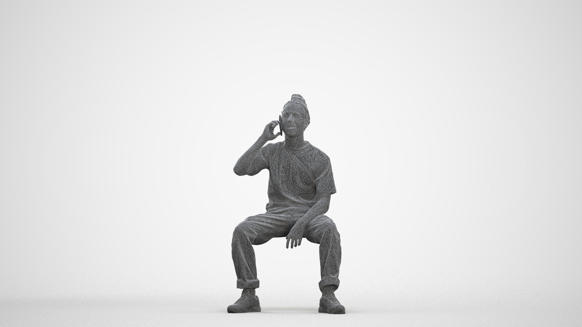 3D people model man casual sitting, scanned human for 3ds Max rendering, three-quarter front view render