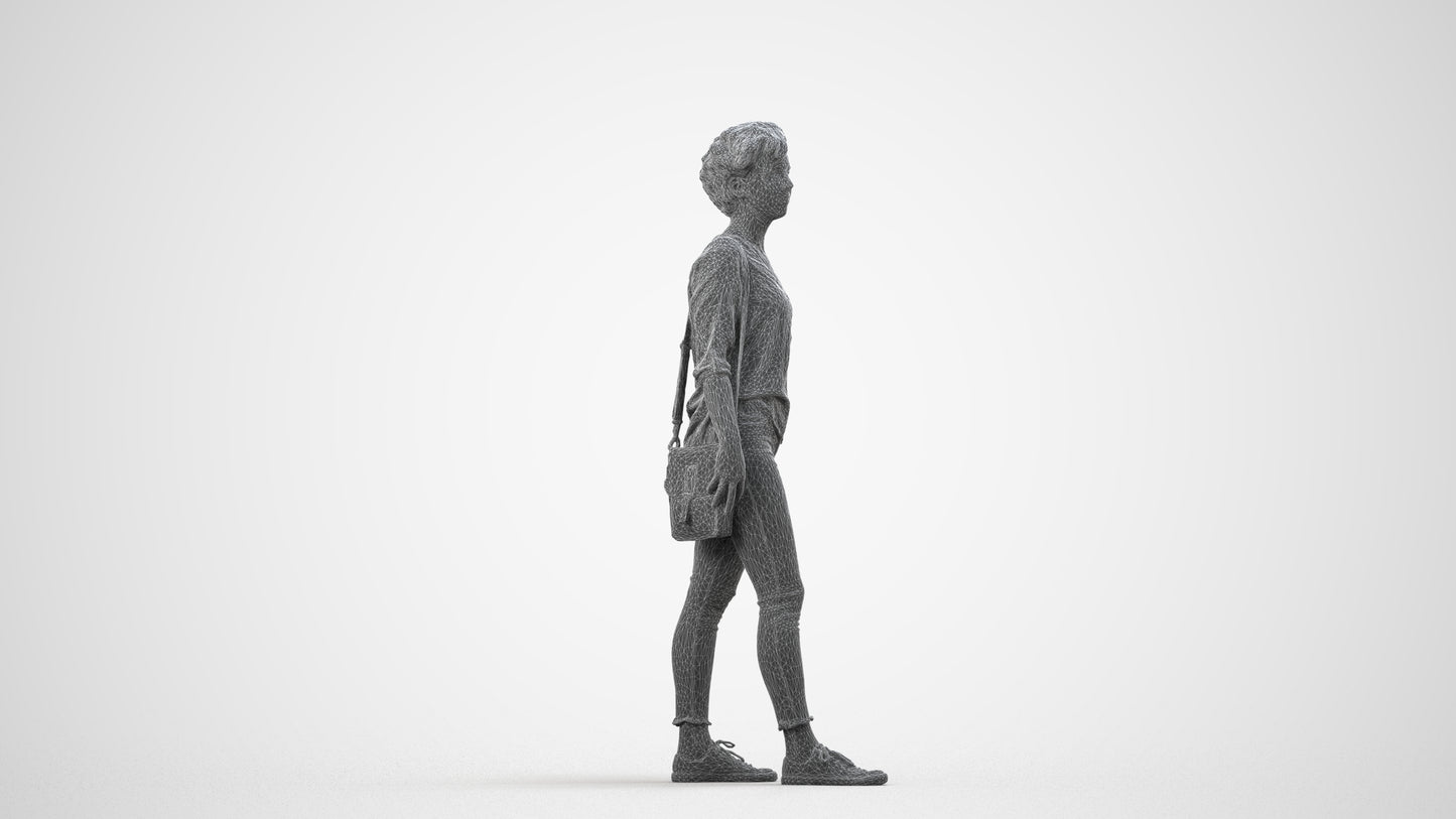 scanned 3D woman casual walking, photogrammetry people for Enscape and V-Ray, wireframe side view