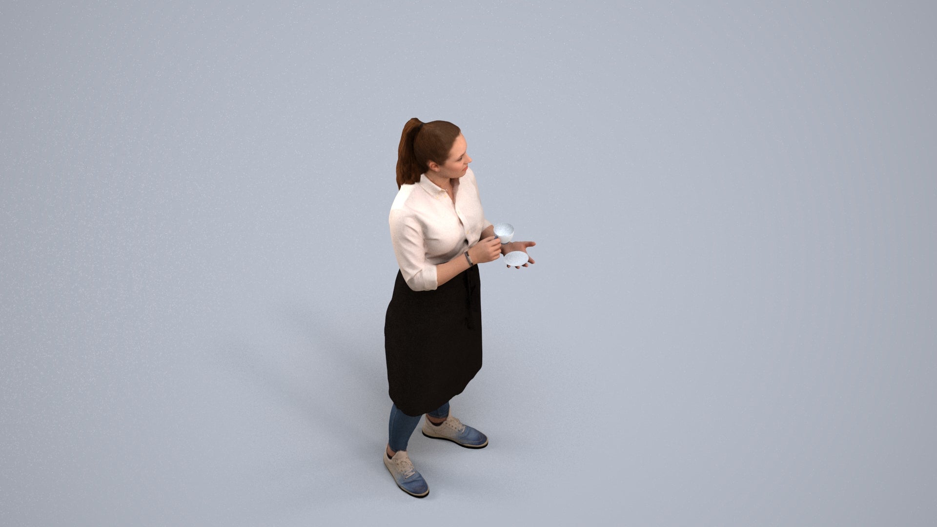 realistic 3D woman hospitality, scanned archviz people for Blender and 3ds Max, back view render