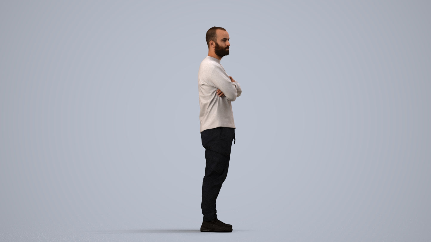 3D human model man casual standing, photogrammetry scanned person for archviz, side view render