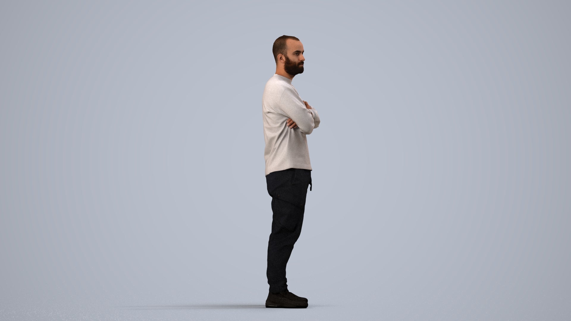 3D human model man casual standing, photogrammetry scanned person for archviz, side view render