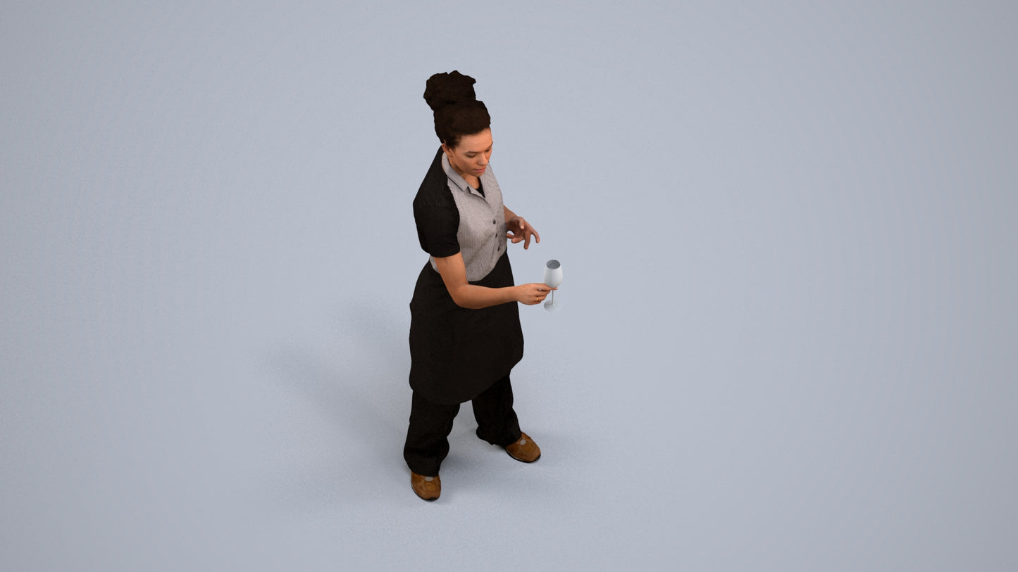 photogrammetry 3D woman hospitality, realistic human model archviz FBX, back view render