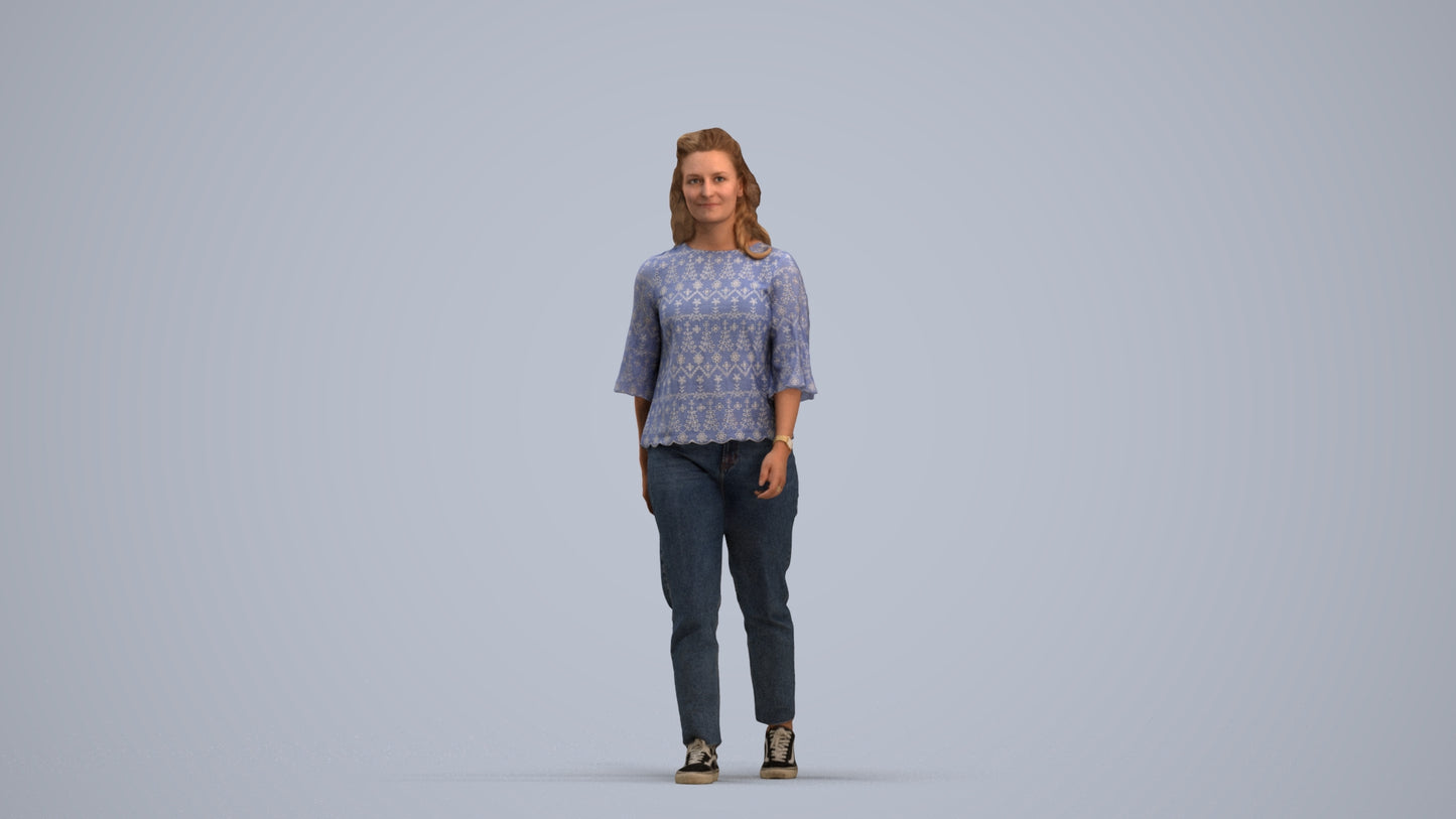 3D scanned woman walking casual, photorealistic archviz people for Enscape and SketchUp, standing pose render