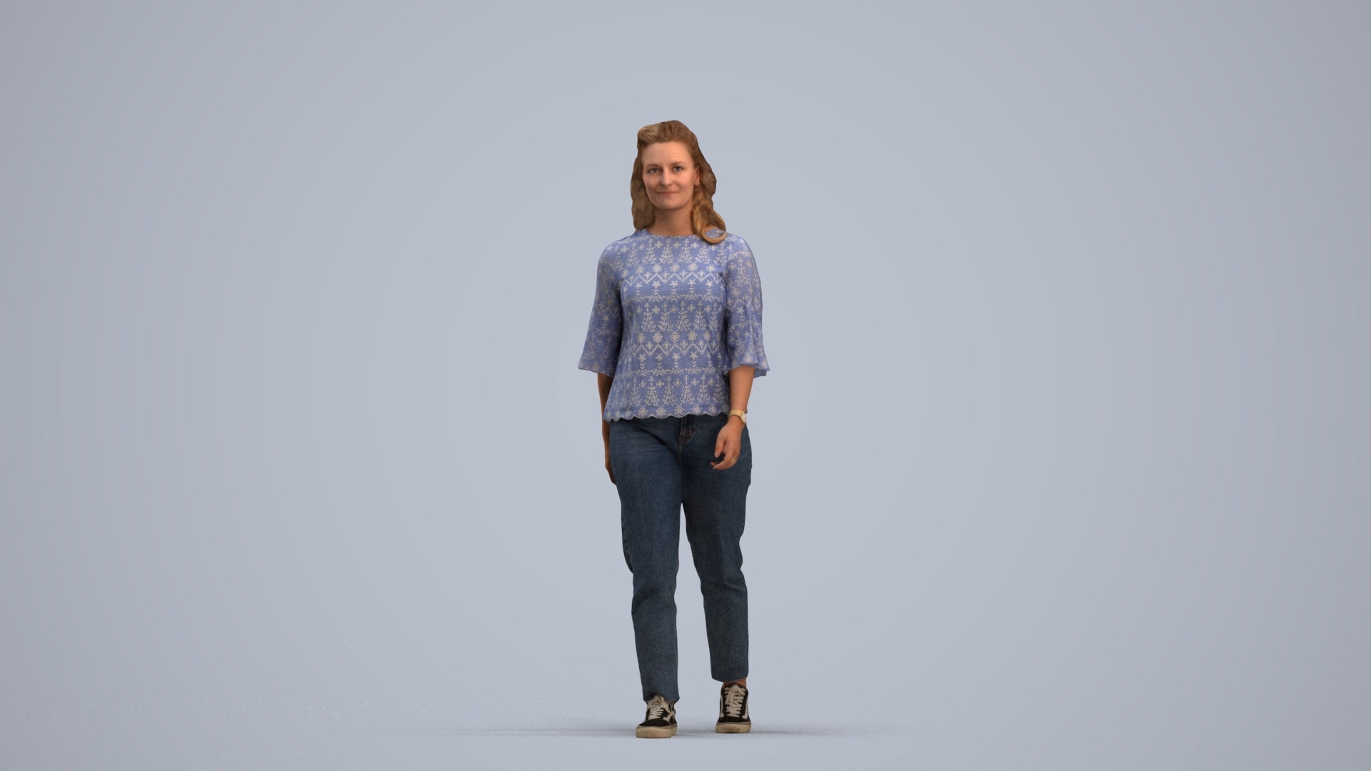 3D scanned woman walking casual, photorealistic archviz people for Enscape and SketchUp, standing pose render