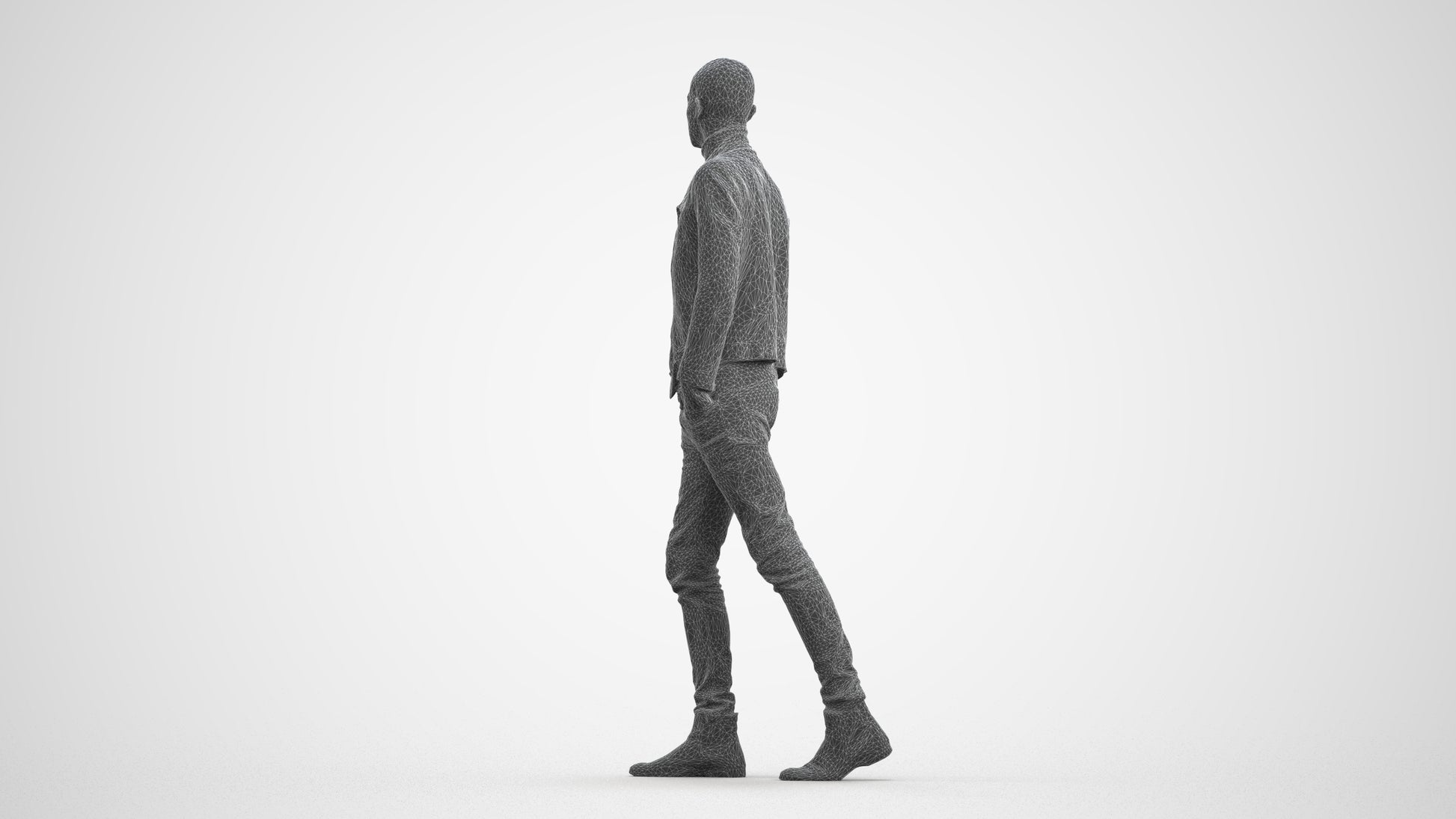 3D scanned man walking casual, photorealistic archviz people for Enscape and SketchUp, wireframe front view