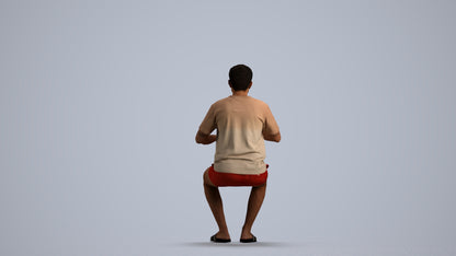 3D human model man casual sitting, photogrammetry scanned person for archviz, front view render