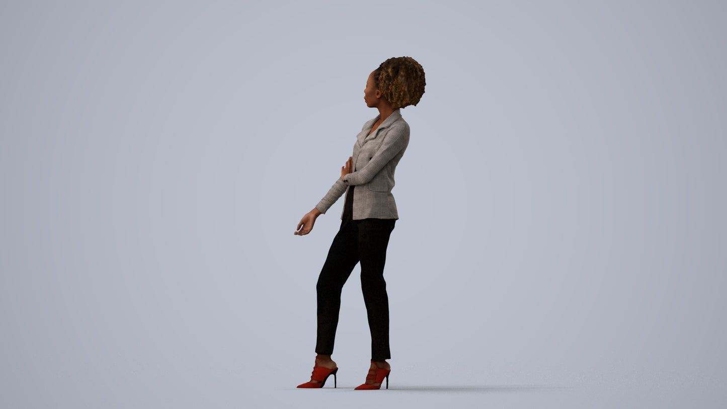3D scanned woman standing business, photorealistic archviz people for Enscape and SketchUp, three-quarter view render