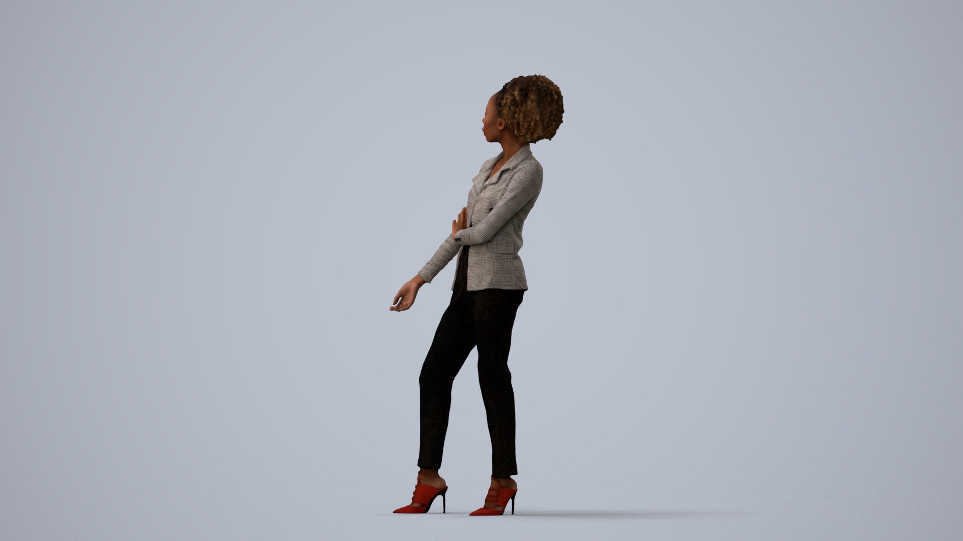 3D scanned woman standing business, photorealistic archviz people for Enscape and SketchUp, three-quarter view render