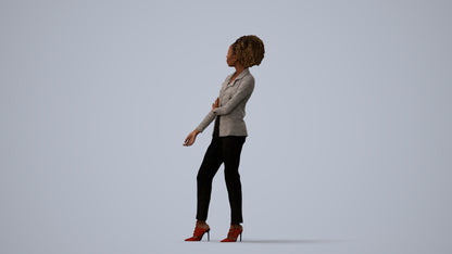 3D scanned woman standing business, photorealistic archviz people for Enscape and SketchUp, three-quarter view render