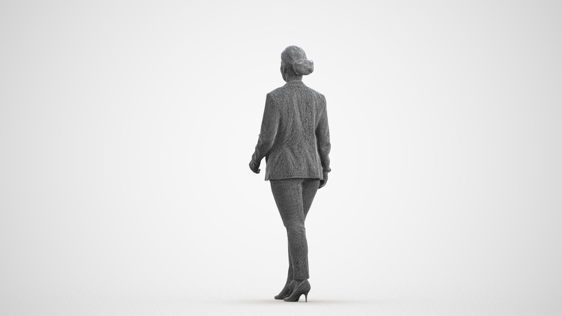 3D human model woman business walking, photogrammetry scanned person for archviz, wireframe front view