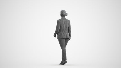 3D human model woman business walking, photogrammetry scanned person for archviz, wireframe front view