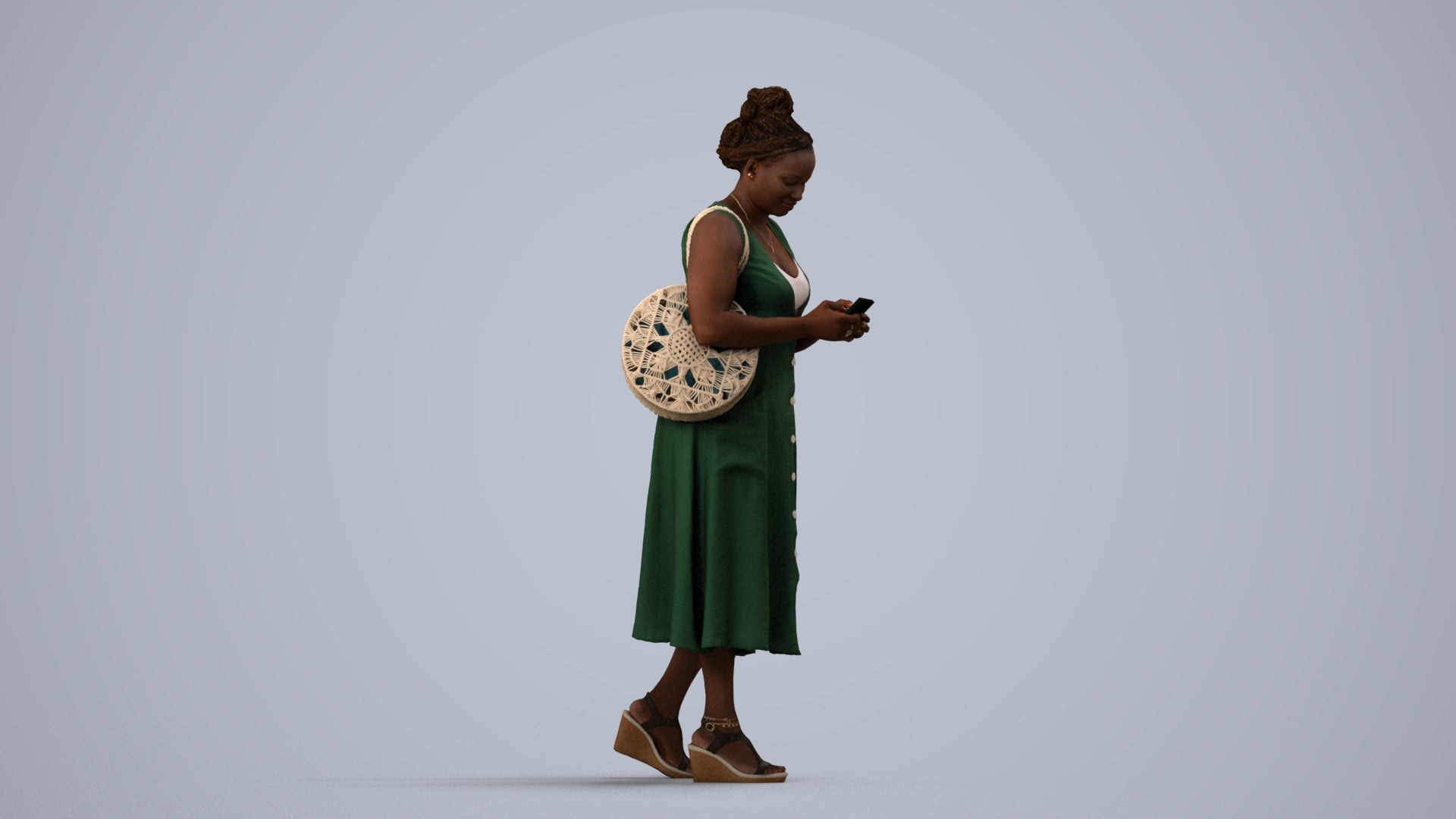 realistic 3D woman casual standing, scanned archviz people for Blender and 3ds Max, side view render