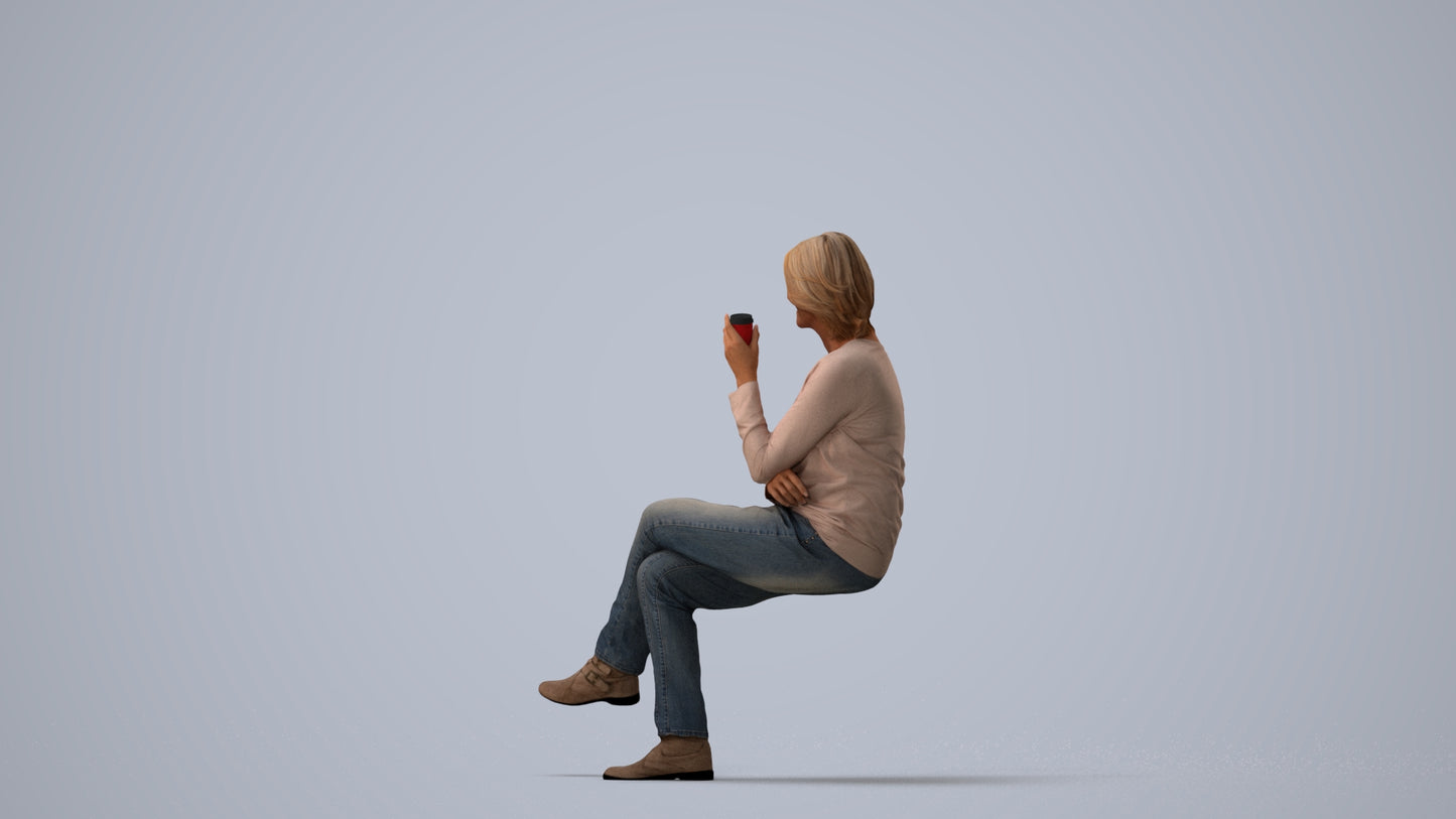 scanned 3D woman casual sitting, photogrammetry people for Enscape and V-Ray, three-quarter view render