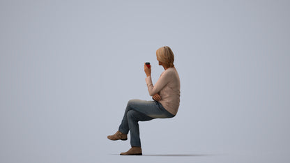 scanned 3D woman casual sitting, photogrammetry people for Enscape and V-Ray, three-quarter view render
