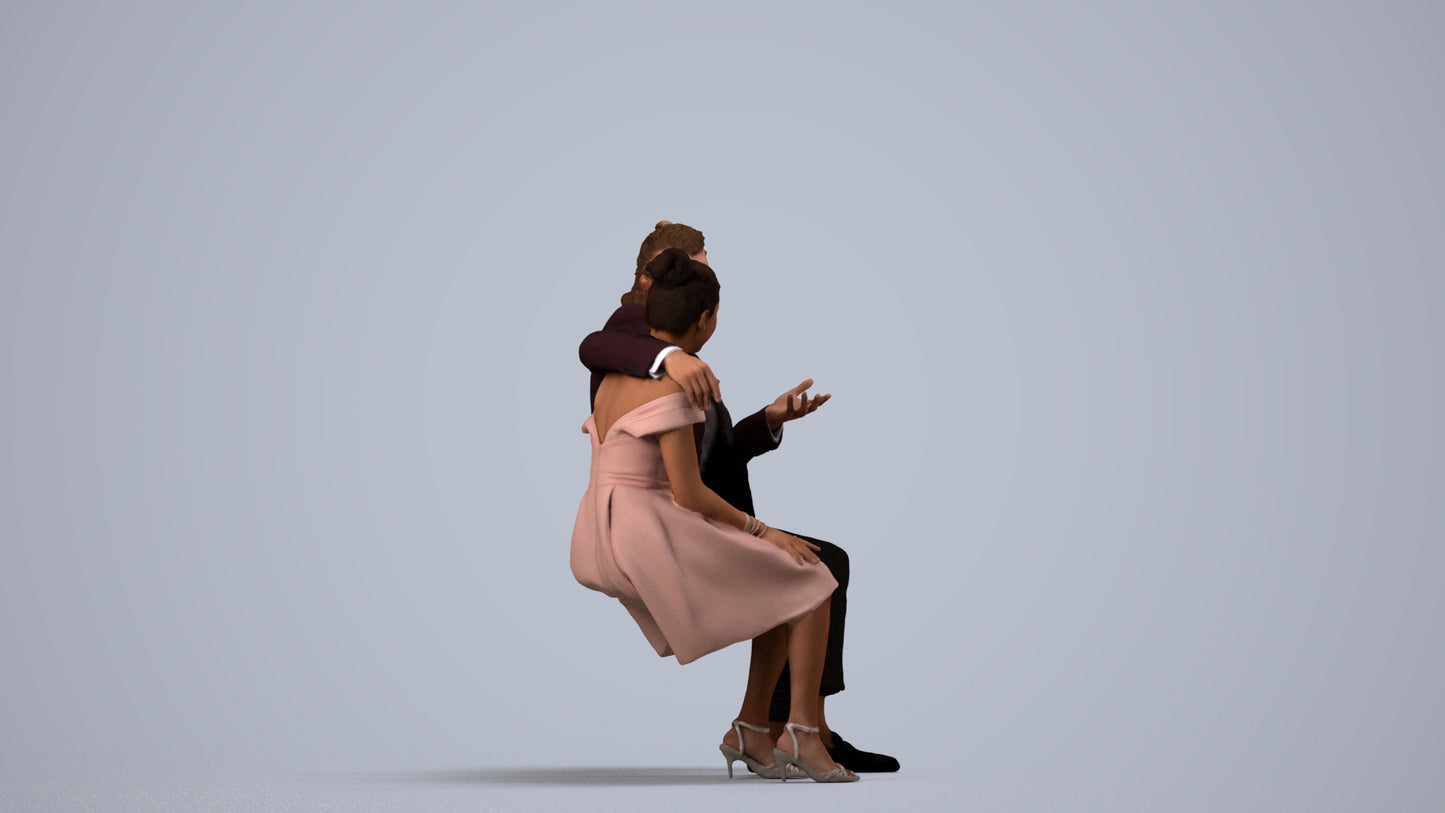 3D human model woman formal sitting, photogrammetry scanned person for archviz, side view render