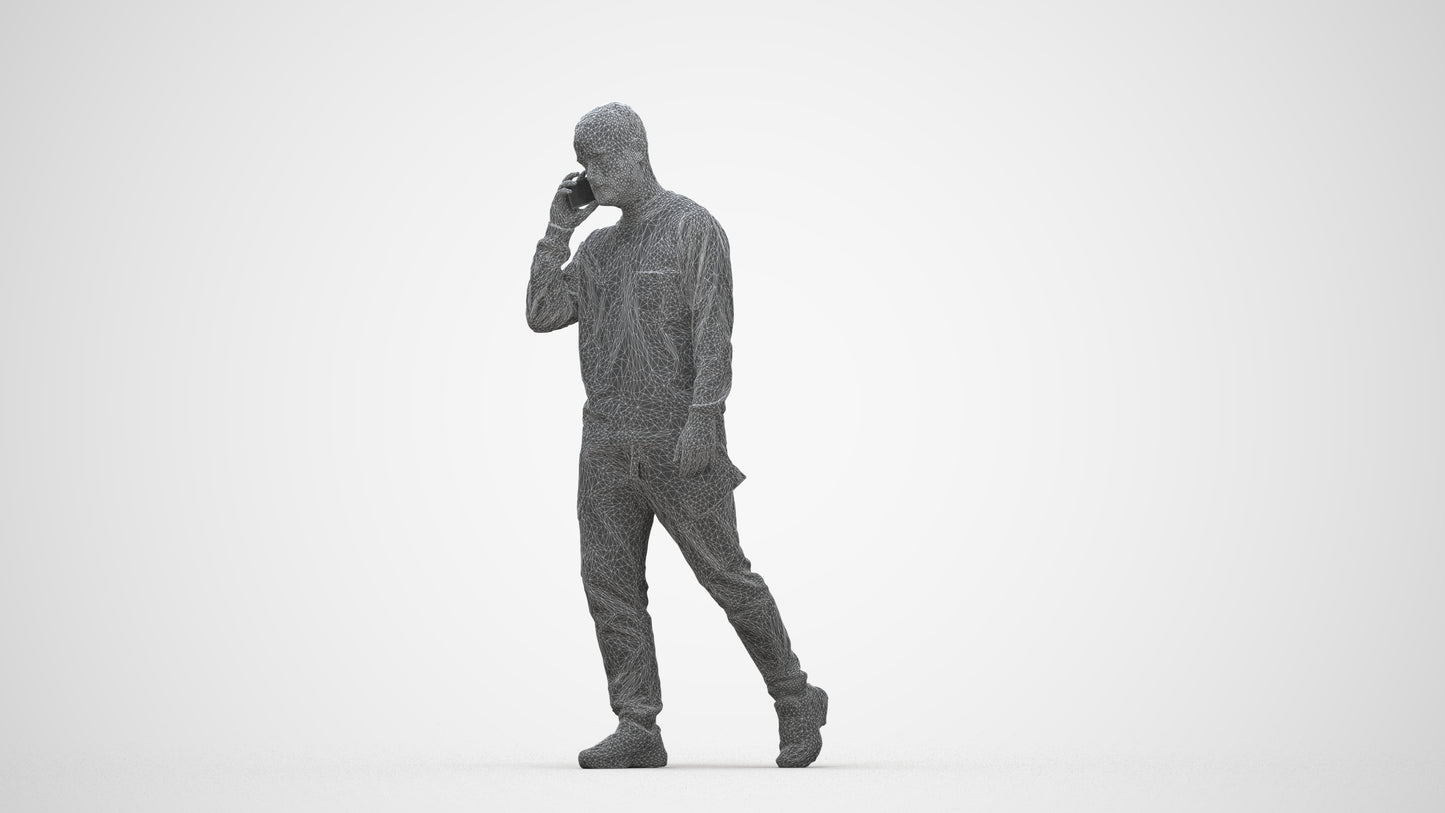 3D scanned man walking casual, photorealistic archviz people for Enscape and SketchUp, wireframe back view