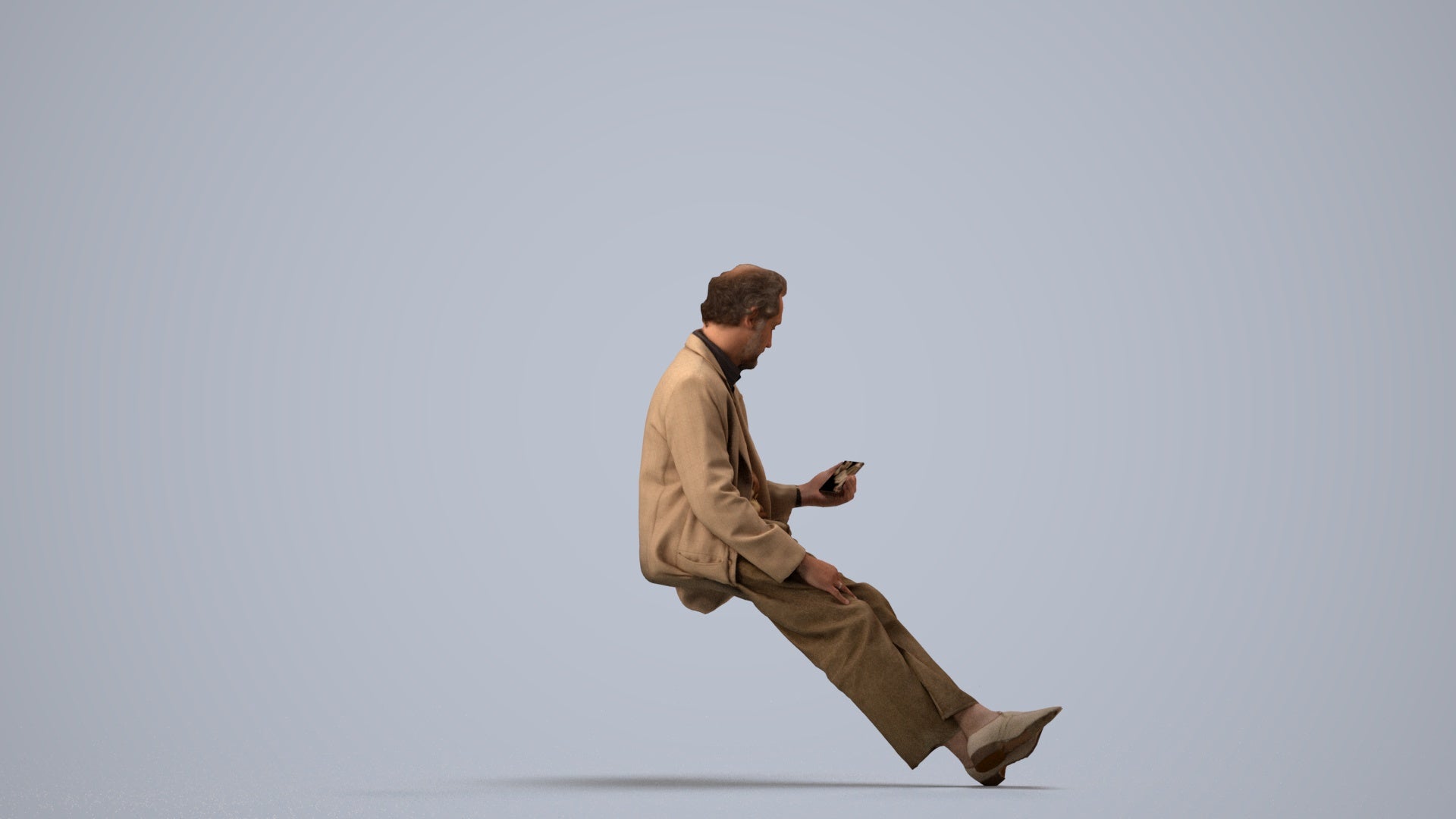 realistic 3D senior man business sitting, scanned archviz people for Blender and 3ds Max, side view render