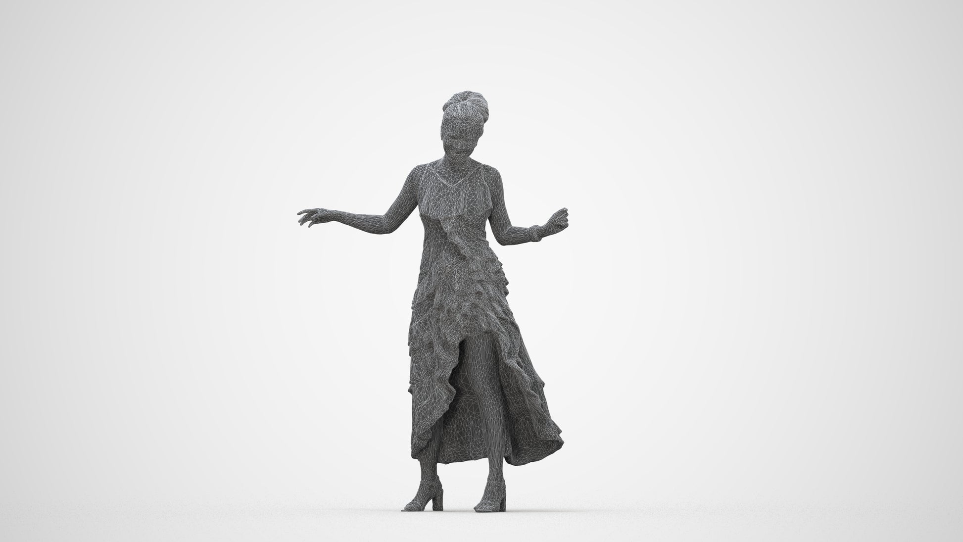 3D human model woman formal, photogrammetry scanned person for archviz, wireframe back view