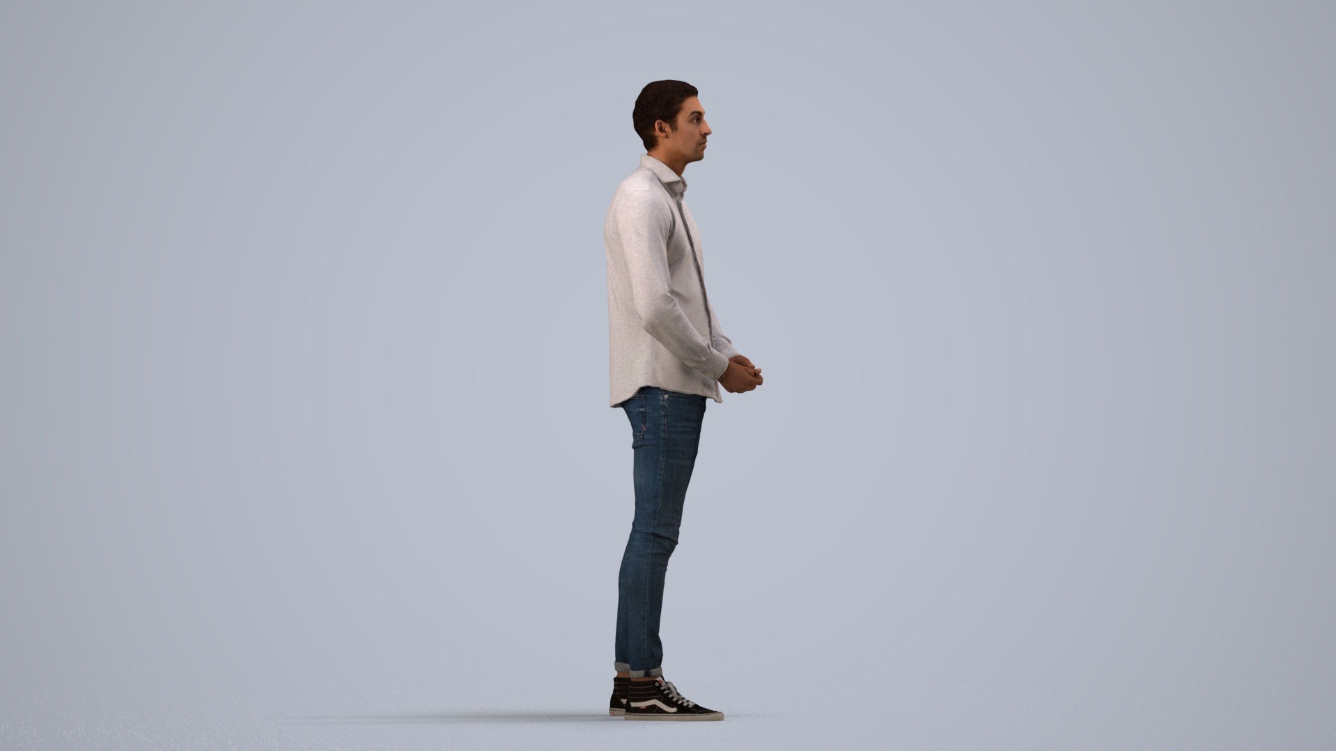 realistic 3D people man casual standing, render-ready for V-Ray and Corona, FBX OBJ, side view render