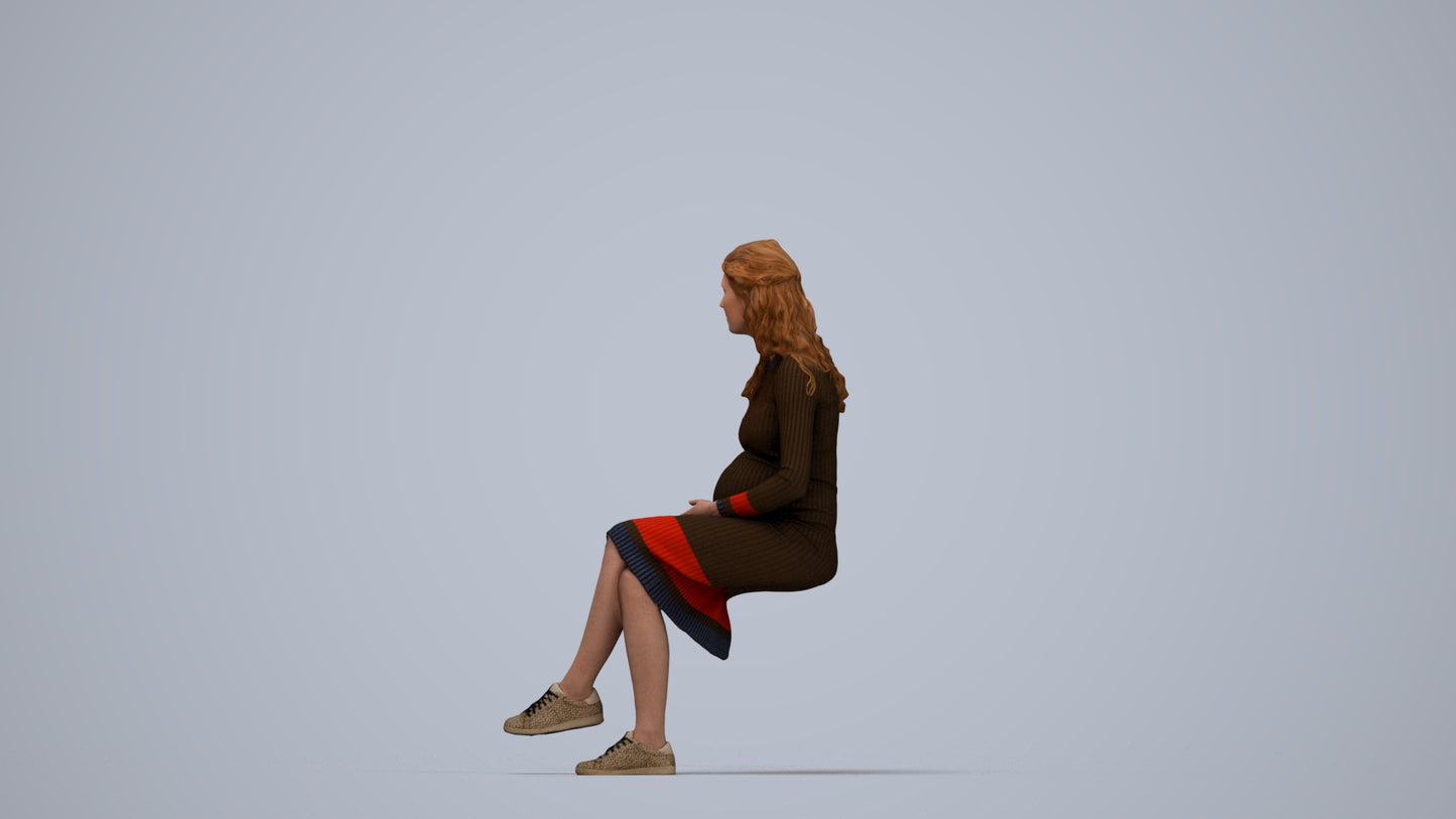 3D human model woman casual sitting, photogrammetry scanned person for archviz, top-down view render