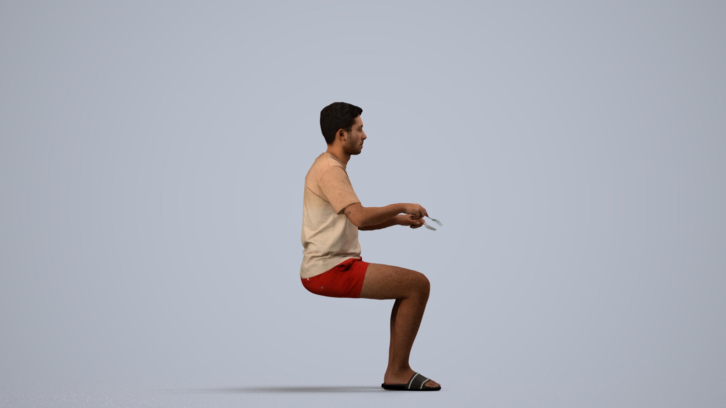 3D human model man casual sitting, photogrammetry scanned person for archviz, side view render