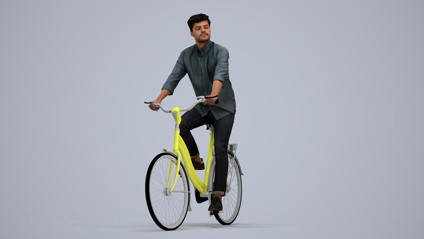 photogrammetry 3D man casual cycling, realistic human model archviz FBX, standing pose render
