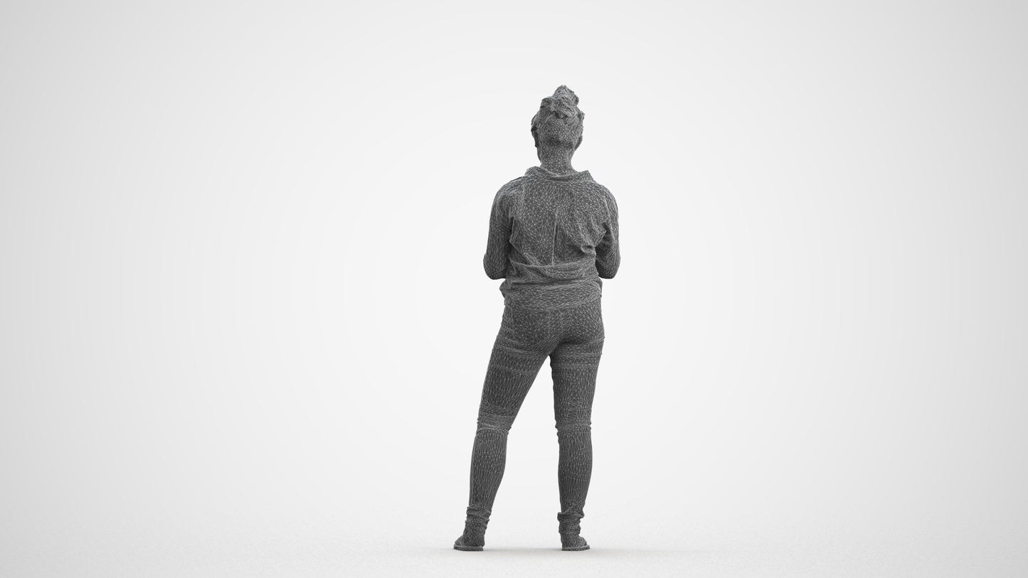 3D scanned woman standing casual, photorealistic archviz people for Enscape and SketchUp, wireframe front view