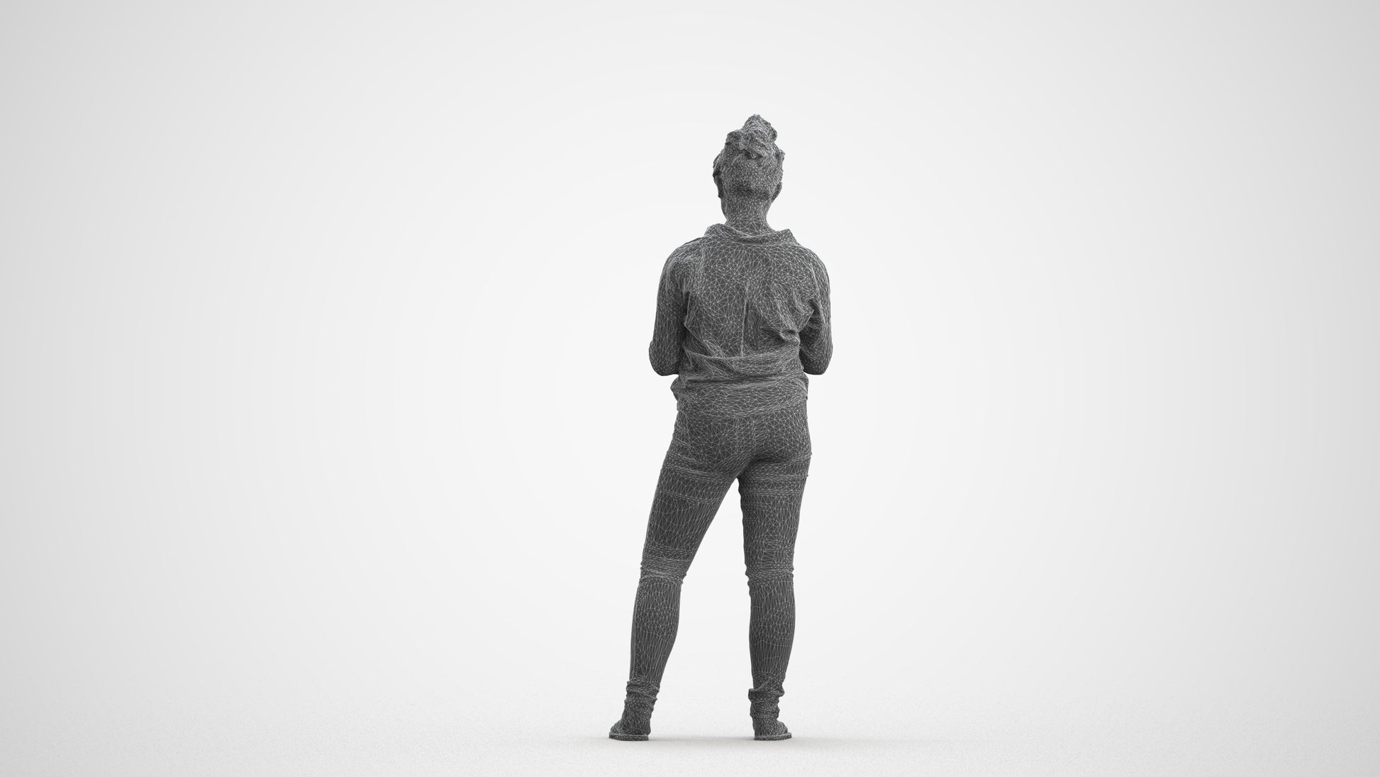 3D scanned woman standing casual, photorealistic archviz people for Enscape and SketchUp, wireframe front view