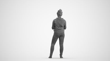 3D scanned woman standing casual, photorealistic archviz people for Enscape and SketchUp, wireframe front view