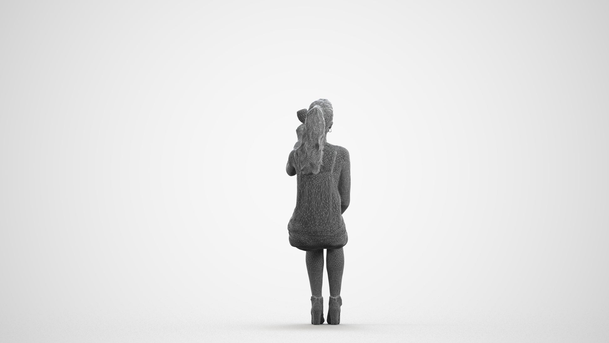realistic 3D people girl casual sitting, render-ready for V-Ray and Corona, FBX OBJ, wireframe front view