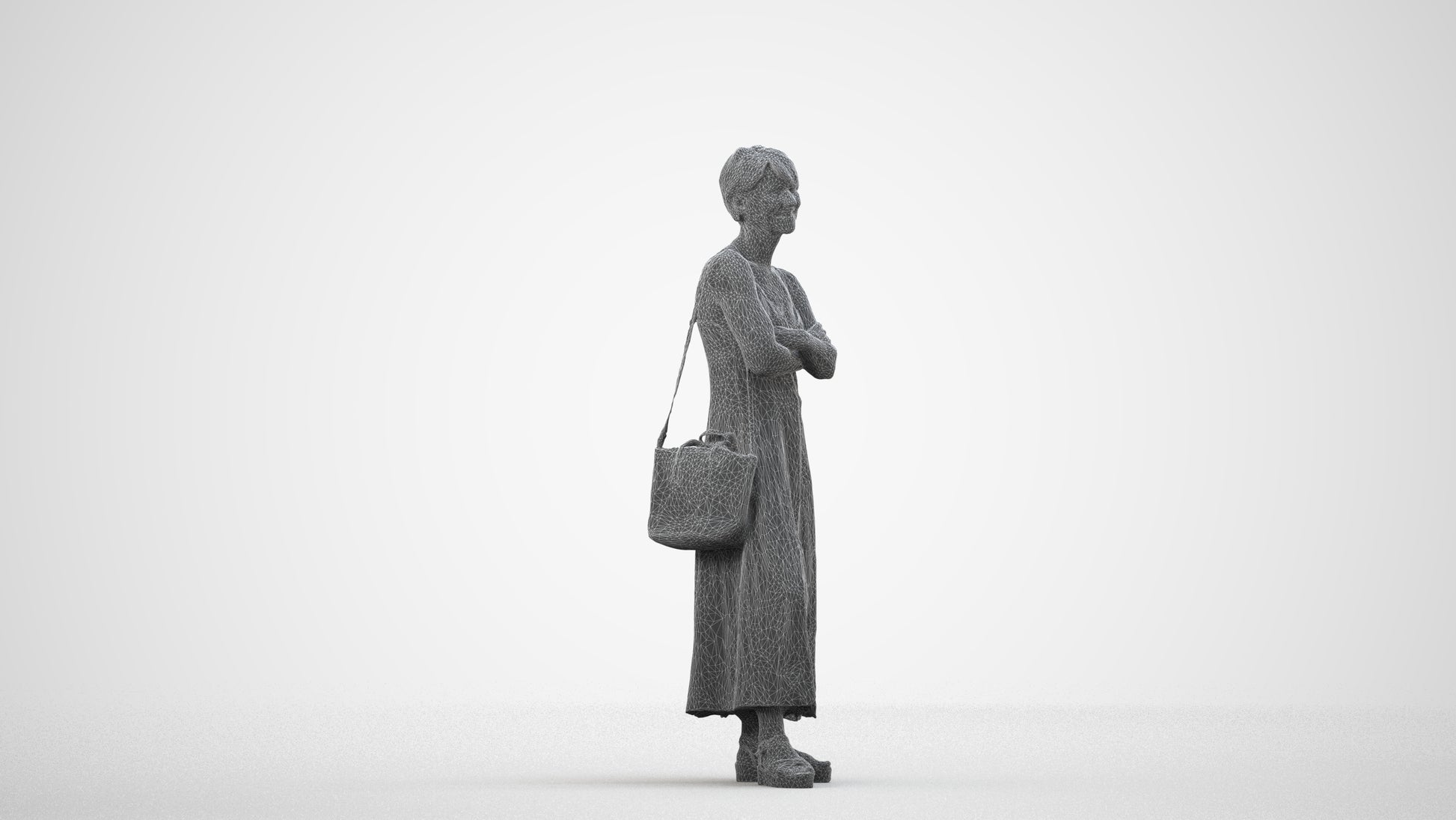 3D human model senior woman standing, photogrammetry scanned person for archviz, wireframe side view